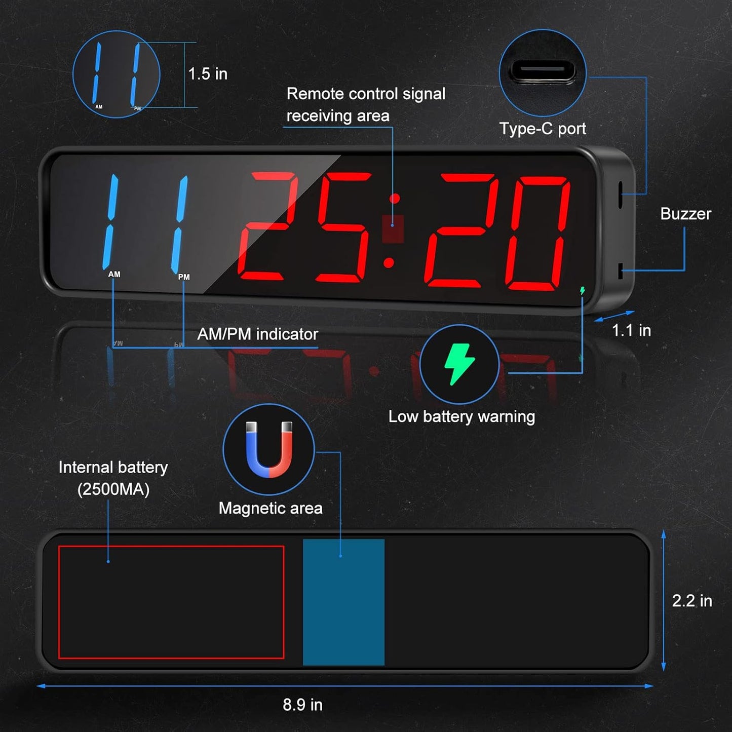 Gym Timer, Portable, Interval Timer with Rechargeable Battery and Built-in Magnet, LED Digital Anti Vertigo Display, Upgraded Workout Clock for Home Gym Garage Fitness